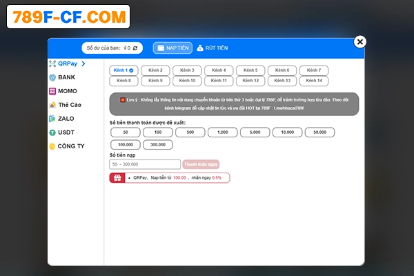 Hướng dẫn nạp tiền vào tài khoản 789F Hướng dẫn nạp tiền vào tài khoản 789F