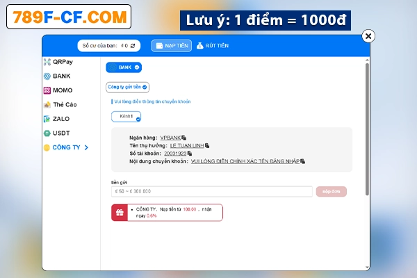 Phương thức nạp tiền 789f Phương thức nạp tiền 789f hiện nay